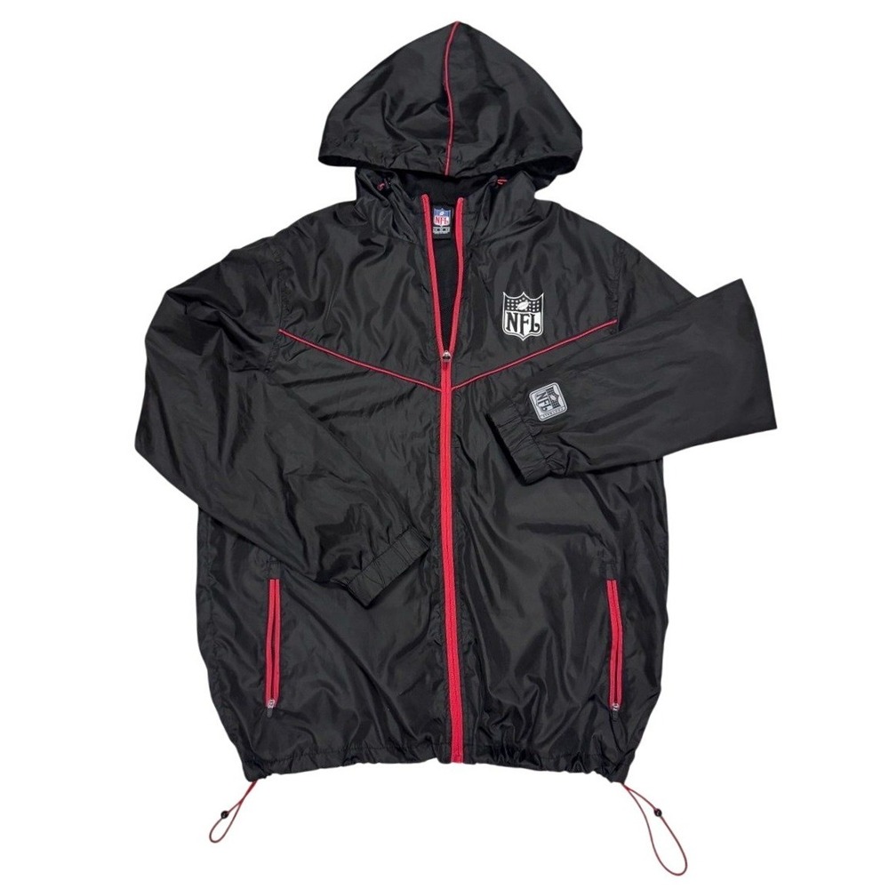 NFL Windbreaker Jacket Mens Medium Black Red Full Zip Hooded Mesh Lined Logo